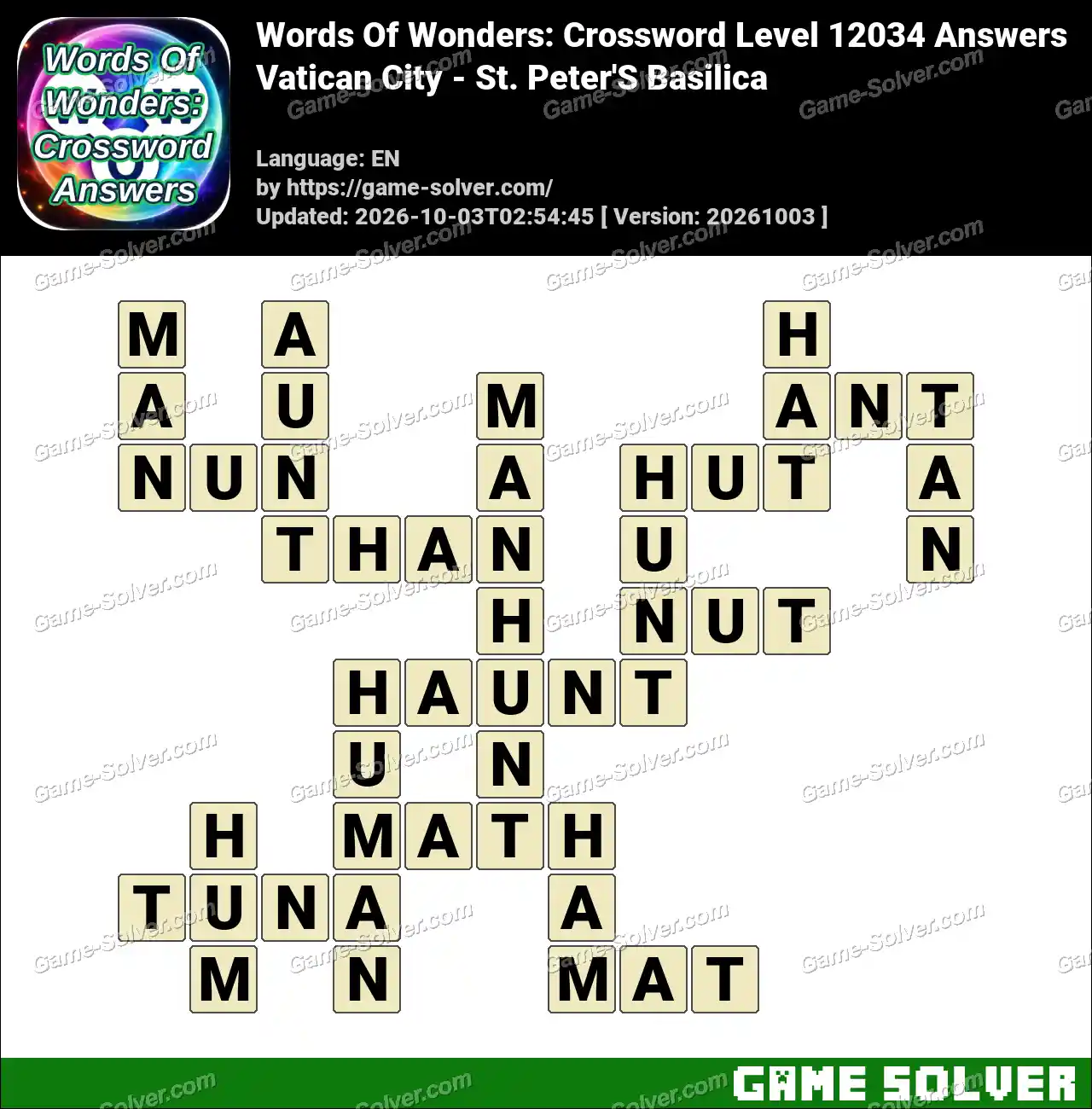 Words Of Wonders: Crossword Level 12034 Answers – Vatican City – St. Peter’S Basilica